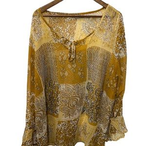 ERICA BROOKE COLLECTION GOLDEN YELLOW SHEER FLORAL BLOUSE OR BEACH COVER UP